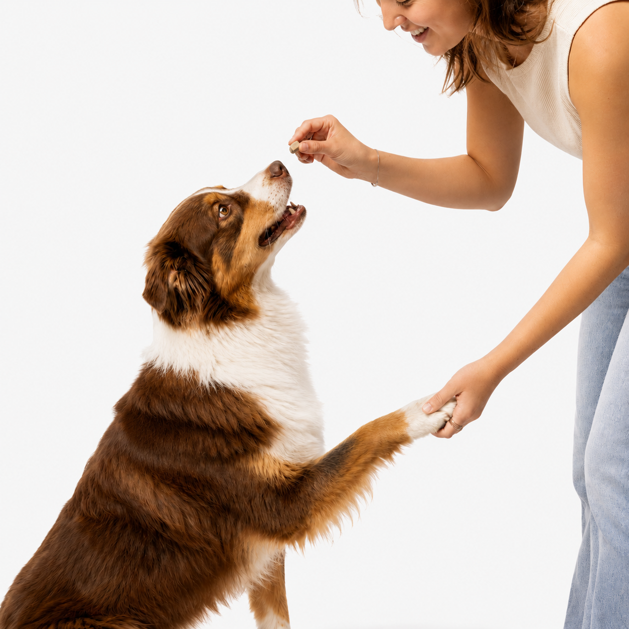 Person giving DIBS treat to dog